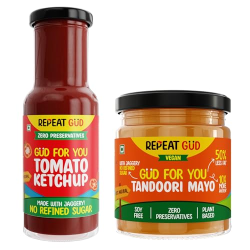 Image of REPEAT GUD Healthy Sauces (Tomato Ketchup, Tandoori Mayonnaise) | No Refined Sugar, Made With Jaggery | No preservatives | GUD For Kids | 100% Natural Ingredients & Chemical free (Pack of 2)