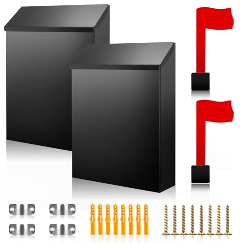 Image of Tandefio 2 Pcs Wall Mount Mailbox with Red Mailbox Flag Reflective Sticker Keys Outdoor Steel Rustproof Lock Post Boxes Outdoor, 11.4 x 8.7 x 2.6 Inches, Black