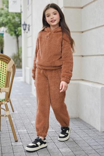 Image of Arshiner Girls 2 Piece Outfits Sweatsuit Fuzzy Long Sleeve Bear Ear Hoodie Sweatshirt and Sweatpant Kids Clothing Sets