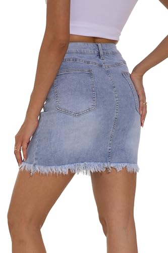 GUANYY Womens Denim Skirt Raw Hem Bodycon Stretch Casual High Waisted Jean Mini Skirt4