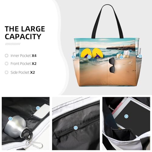 Beach scenery Large Capacity Beach Travel Bag, Foldable Beach Bag with Zipper, Great for Grocery Bag Pool Gym Travel Shopping3
