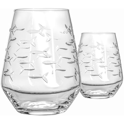 Rolf Glass | School of Fish Stemless Tumbler | 18oz Stemless Wine Glasses | Lead-Free Glass | Engraved and polished in Pennsylvania | US made (Set of 2) Cover