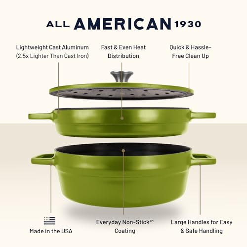 Image of All American 1930 - Dutch Oven - The Complete Set, Kelp Green - 7.75qt Capacity - Ideal for Family Meals & Versatile Cooking - Non Stick & PFAS Free - Made in the USA