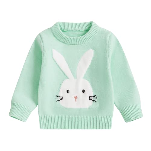Toddler Baby Girl Easter Outfits Bunny Pattern Long Sleeve Round Neck Ribbed Knit Jumper Sweaters Tops Kids Clothes (Green, 12-18 Months)