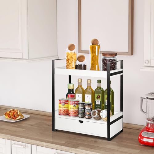 2-Tier Bathroom Organizer Countertop With Drawer, Wood Counter Shelf for Storage, Vanity Tray for Organization and Decor, Countertop Organizer for Kitchen, Office (White)