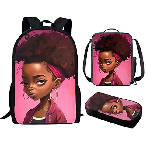 UZZUHI African Girls Backpack Set Snail Kids School Bookbag for Girls 6-8/10-12/11-13/12-14 +Lunchbox Pack+Pencil Case 3 Pcs Afro Girls School bag 2Nd/ 3Rd/4Th/5Th 6th Grade Preschool Elementary Kids Cover