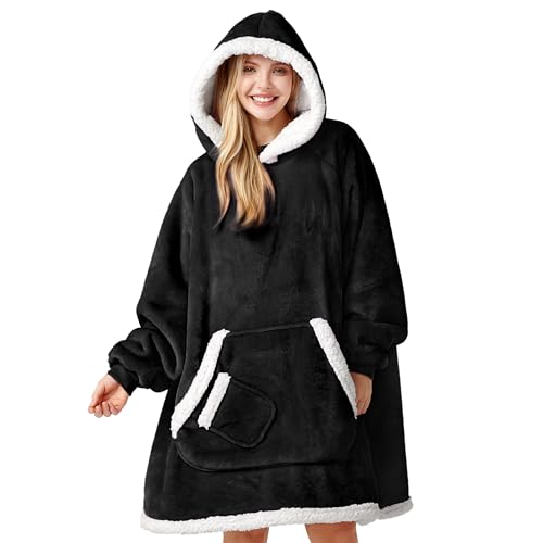 Image of Giggling Getup Wearable Blanket Hoodie for Women Men Gifts for Women Mom Wife Sherpa Fleece Hooded Blanket Sweatshirt Warm Cozy Sherpa Wearable Throw with Pocket & Sleeves for Adult Oversize Black