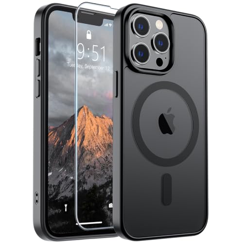 Image of SUPFINE Magnetic for iPhone 13 Pro Case with Screen Protector (Compatible with MagSafe)(Military Grade Drop Protection) Translucent Matte Phone Cover,Black
