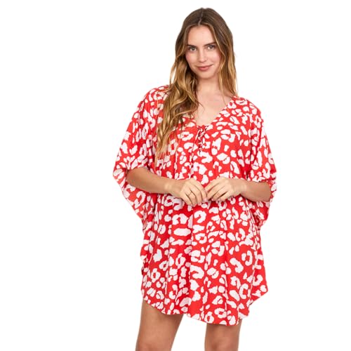 SUN-ROSE FASHIONS Caftán Playero con Estampado Animal en Blanco y Rojo para Mujer, Talla única. 100% poliéste