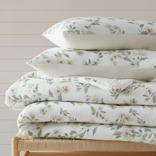 Image of Martha Stewart - King Comforter Set, Soft Cotton with Crisp & Tailored Naturally Smooth Cotton Percale Reverse, 3 Piece Bed Set with Matching Pillowcases (Hazel Floral Beige)