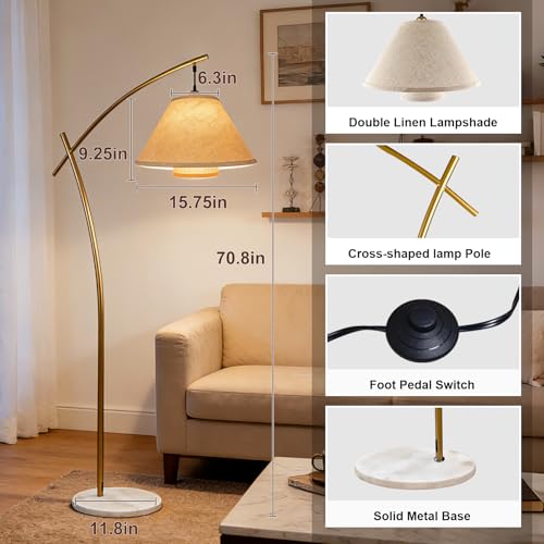Image of Lightdot Arc Floor Lamp for Living Room, Modern Standing Tall Lamps with Double Linen Lampshade, Tall Hanging Pole Lamp with Bulb Included for Bedroom Sofa Beside /Corner Decor - Gold