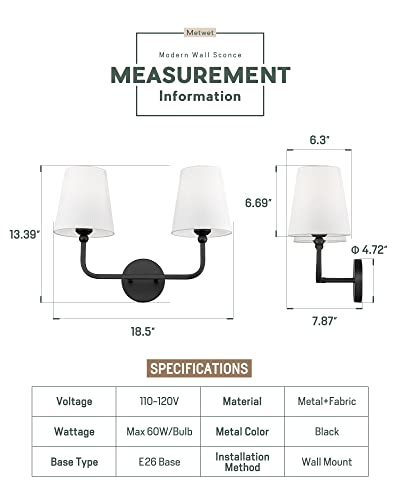 Image of 2-Light Bathroom Vanity Light Fixtures in Matte Black Finish, Modern Bedside Wall Sconces with Flared White Fabric Shade for Bathroom, Hallway, Living Room, Kitchen, VL837-MB-2