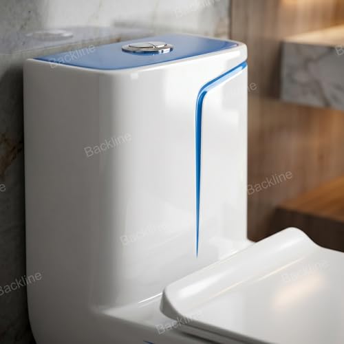 Image of B BACKLINE One Piece Ceramic Western Toilet | White & Blue Siphonic Water Closet | S-Trap 12-Inch Floor Outlet with Soft Close Seat | Dual Flush Commode (7-Year Color Warranty)