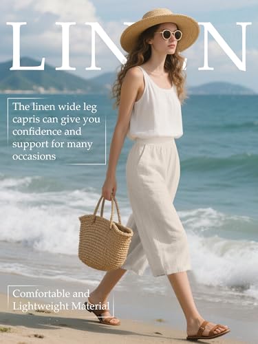 2 Pack Women's Linen Capri Pants Wide Leg Cropped Palazzo Trousers with Pockets High Waist Beach Summer Casual Pants(Khaki, Flaxen,XX-Large)4