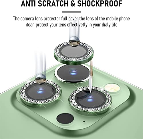 Image of Camera Lens Protector Tempered Glass Screen Protector, Anti-Scratch Premium Tempered Glass Film Aluminum Alloy 3D Lens Ring Cover for IPgone 13 Pro-For iPhone 13 Pro Max - (3 Pack, Alphine Green Diamond