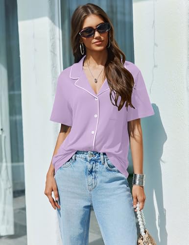 Image of Ekouaer Pajamas Set for Women 2 Piece Pjs Short Sleeve Sleepwear Button Down Lounge Shorts Sets S-XXL
