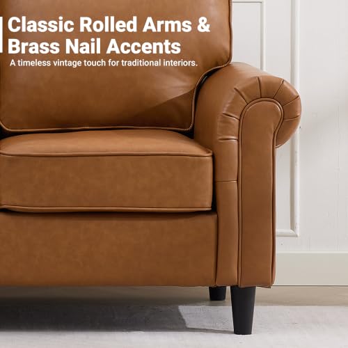 Image of Kingfun Loveseat 2 Seater Couch, Mid Century Modern Faux Leather Sofa with Rolled Arms and Deep Seats, Fluffy Comfort for Living Room, Apartment, Easy Assembly, Brown