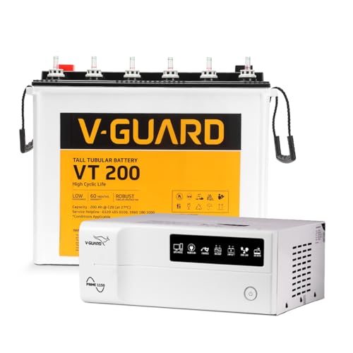 Image of V-Guard Prime 1150 Pure Sinewave 1000VA Inverter with VT 200 Tall Tubular Battery Combo | High Backup Performance | Tubular Plate Technology | 3-Year Inverter Warranty | 36+24 Months Battery Warranty