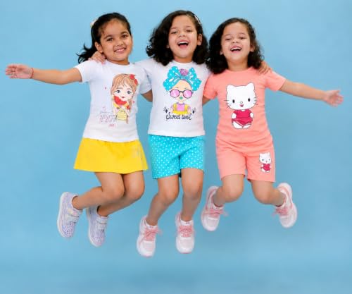 Image of Chandrika Kids Cotton Coordinated Set Pack of 3 half Sleeve And sleeveless T-Shirts & Shorts and skirt Baby Girls Summer Dress Combo