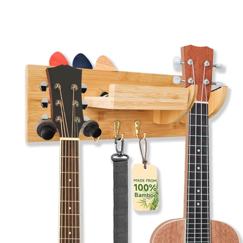 MURACKTAGE - Soporte de pared para guitarra con 3 ganchos y soporte para púas, estante de madera para...