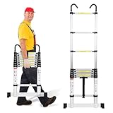 Cecaylie Escalera telescópica de Aluminio de 2,6 m, con 2 Ganchos extraíbles, diseño telescópico, Capacidad de Carga de 150 kg/330 Libras, Antideslizante, Color Plateado