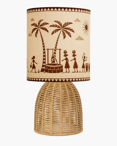 Image of Homesake Handwoven Rattan Table Lamp with Warli Art Fabric Shade, Decorative Raffia Cane Bedside Lamp for Bedroom, Boho Table Lamp for Living Room, E27 Holder, Warm Ambient Home Decor Lighting