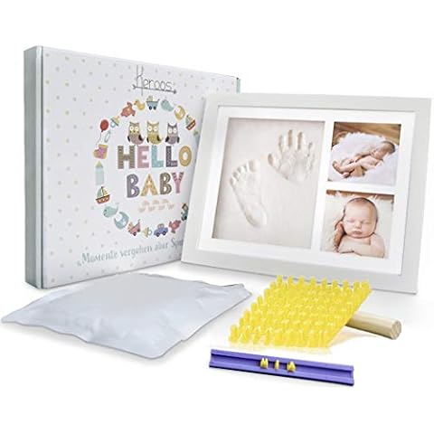 KEROOS® Gipsabdruck Baby Hand und Fuß Set inkl. Buchstaben Schablonen Set | hochwertiger Bilderrahmen aus Holz | sicheres Plexiglas | geeignet auch für Tiere Cover