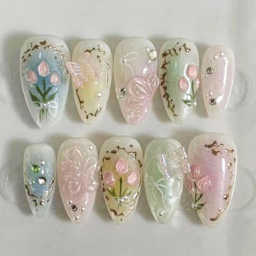 GlamRays 24 Pièces Ongles Colorés à Presser sur Moyenne Amande Faux Ongles avec Design de Fleurs 3D Papillon, Dégradé Acrylique Multicolore, Faux Ongles,...