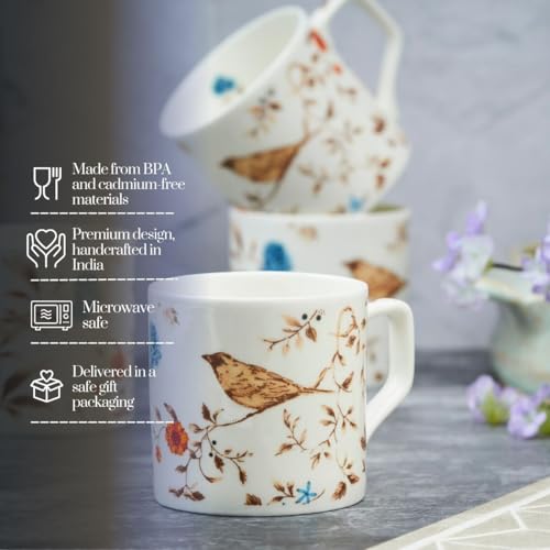 Image of GOLDEN QUEEN'S Bone China Microwave Safe Coffee & Tea Cups - Set of 6 | Perfect for Daily Use | 200 ml - Birdsong