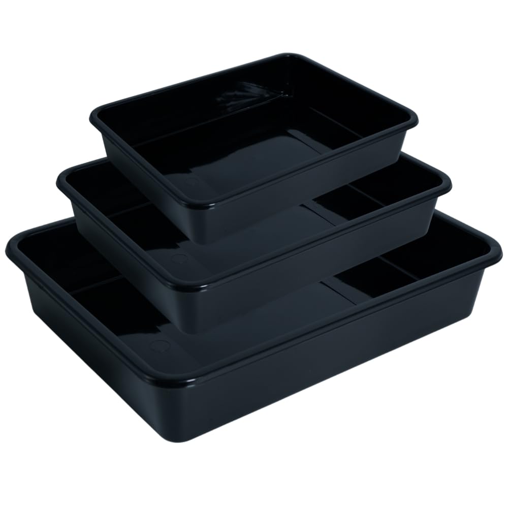 Simply Home Exel Small-Med Multipurpose Stackable Rectangular Durable Plastic Storage Tray Set| Home,Kitchen,Office,School,Commercial,Industry,Lab,Hospital,Paper,Desk Organiser|Set of 3 | Black