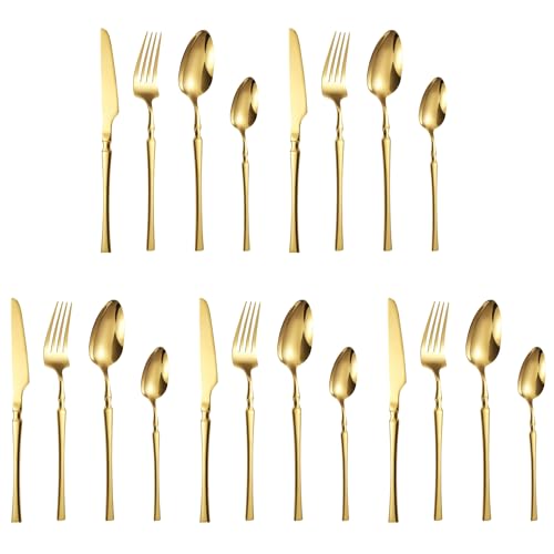 Image of aDai Aurum Gold Silverware Set | Satin Finish 20-Piece Korean Vintage Style Flatware Set | Dishwasher Safe Stainless Steel Cutlery for Home, Restaurant & Gifting