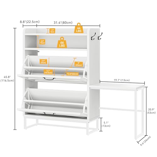 DWVO White Farmhouse Shoe Cabinet with Bench – 2 Flip-Door Drawers for 16 Pairs, Slim Entryway Organizer for Hallway Living Room