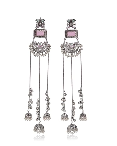 Image of Kashmiri Earrings for Women |Square Stone Fan Chain Earring | Ethnic Oxidised Silver Long Chain for Girls Bridal Festive |Gift for Girls Women