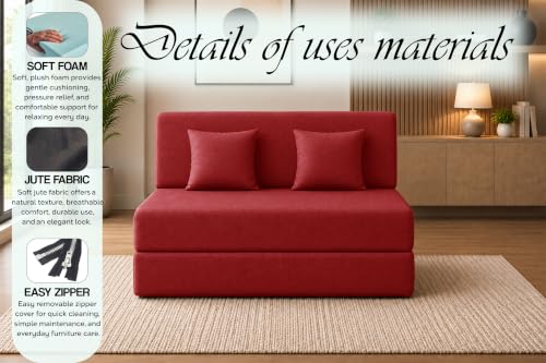 Image of Sofa Cum Bed with Jute Fabric, Convertible Two Seater Sofa Bed 4x6 Ft, Comfortable Cushioned Seating, Space Saving Design for Living Room, Bedroom & Guest Room - Red Color