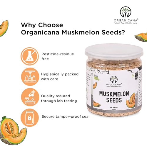 Image of Organicana Natural Muskmelon Seeds 250g (Pack of 1) | Kharbooj Magaj | Kharbhuja Beej for Eating | High in Protein, Potassium, Magnesium & Iron | Immunity Booster Superfood | Healthy Snack, Topping and Cooking Use