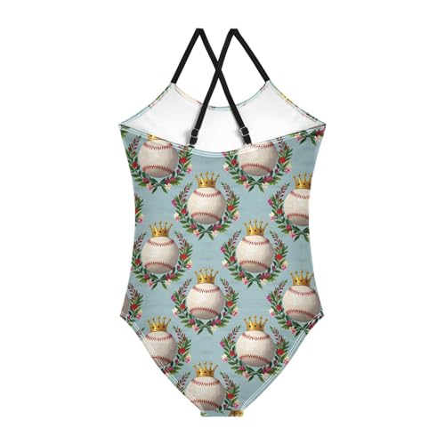 ALAZA Baseball Crown Flower Cute Girls Swimsuit Bathing Suit Beach Swimwear One Piece 3-10T2