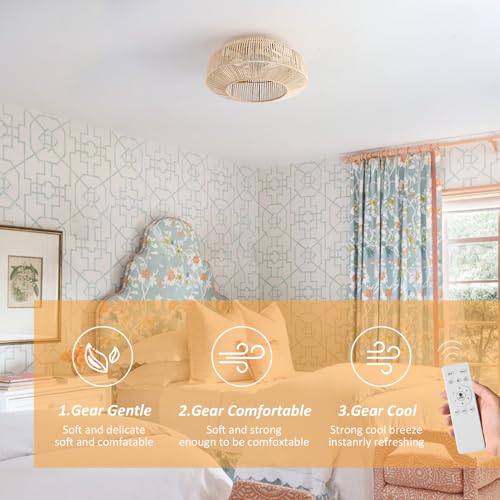 zheshirui 20" Boho Caged Ceiling Fan with Lights Flush Mount, Low Profile Rattan Ceiling Fans with Lights and Remote Control, Enclosed 6 Speeds for Bedroom, Living Room, Kitchen - Image 2