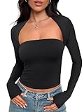 Trendy Queen Womens Long Sleeve Shirts Going Out Tube Tops Crop Cute Top Shrug Basic Bandeau Strapless Slim Fits 2024 Fall Outfits Fashion Clothes Black, X-Small