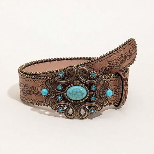 Vintage Women's Belt Blue Rhinestone Buckle Beads Chain PU Belts Ethnic Waist Accessories for Dress Jeans Blouse Coat Tshirt, Brown3