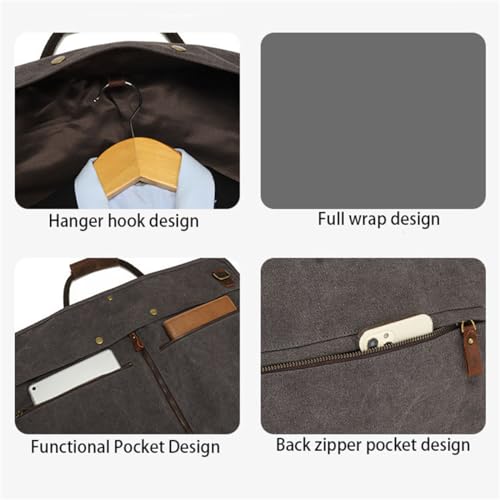 Waxed Canvas Leather Suit Luggage Garment Bag, 2 In 1 Hanging Suitcase Suit Business Travel Bag with Shoulder Strap (Black)4