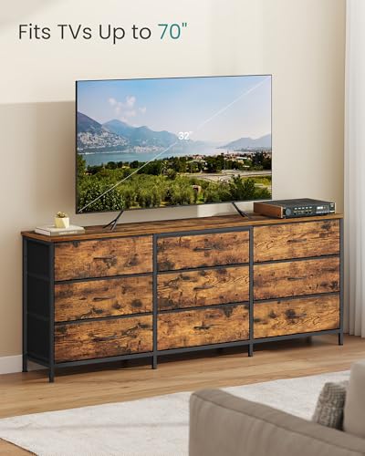 Image of SONGMICS BELLAH Collection - Dresser for Bedroom, TV Stand for TVs Up to 70 Inches, Chest of Drawers for Living Room, Closet, Steel, 9 Drawers, Industrial, Rustic Brown and Ink Black ULGS233KD02S