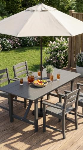 Image of 67'' HDPE Outdoor Dining Table for 6 Rectangular Patio Table for Yard Deck | Dining Table with Umbrella Hole Large Space for 4-6 All-Weather Resistant Heavy Duty Rust-proof Outdoor Indoor Use
