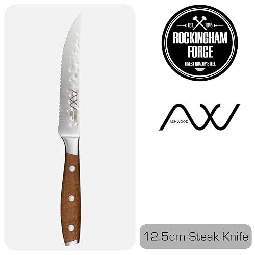 Rockingham Forge Ashwood 12.5cm Serrated Single Steak Knife - Durable Full Tang Natural Wooden Handle - Professional Chef Non-Stick Hammered Finish - Image 2
