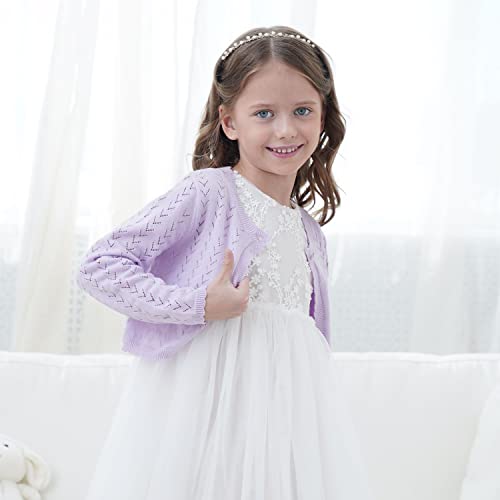 Image of Girls' Crochet Knitted Cardigan Sweater Bolero Shrug Kids Long Sleeve Button Closure Cropped Knitwear Cover Up,Light Purple,9 /10