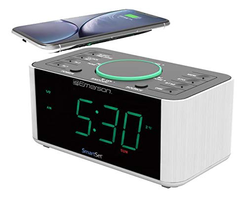 Emerson Alarm Clock Radio and QI Wireless Phone Charger with Bluetooth, Compatible