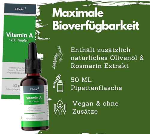 Vitamin A Tropfen von EXVital - 5000 I.E (1500 µg) pro Tagesdosis, 50 Ml= 1700 Tropfen, laborgeprüft, hochdosiertes Retinol - Vegan - Vitamin A flüssig Liquid