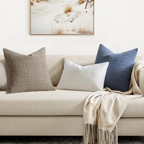 Image of MIULEE Decorative Linen Check Lumar Throw Pillow Covers Neutral Farmhouse Vintage Pillow Covers 12x20 Set of 2 Boho Modern Home Decor for Sofa Couch Bedroom Cushion Blue