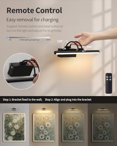 Image of KDG LED Wireless Wall Picture Lights Set of 2 with Remote, 5200mAh Rechargeable Dimmable Art Lighting, Adjustable Swing Arm, Picture Frame Light for Gallery, Living Room, Hallway, 13.4 inch, Black