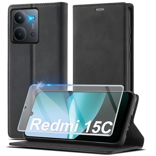 Ailicici Leder für Xiaomi Redmi 15C Hülle 4G/5G [Mit Schutzfolie] Wallet RFID Blocker Handyhülle, Ledermaterial Kartenfach Klapphülle, Klappbar Ständer Flip Hülle,Stoßfeste Holster Cover Schutzhülle