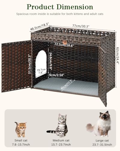Image of SETVSON Cat Litter Box Enclosure Furniture, Handwoven Rattan Hidden Litter Box with Mat, Large Space Cat House with 2 S-Shaped Hooks, 30.3 x 18.3 x 24.4 Inches, Indoor for Living Room Apartment Brown